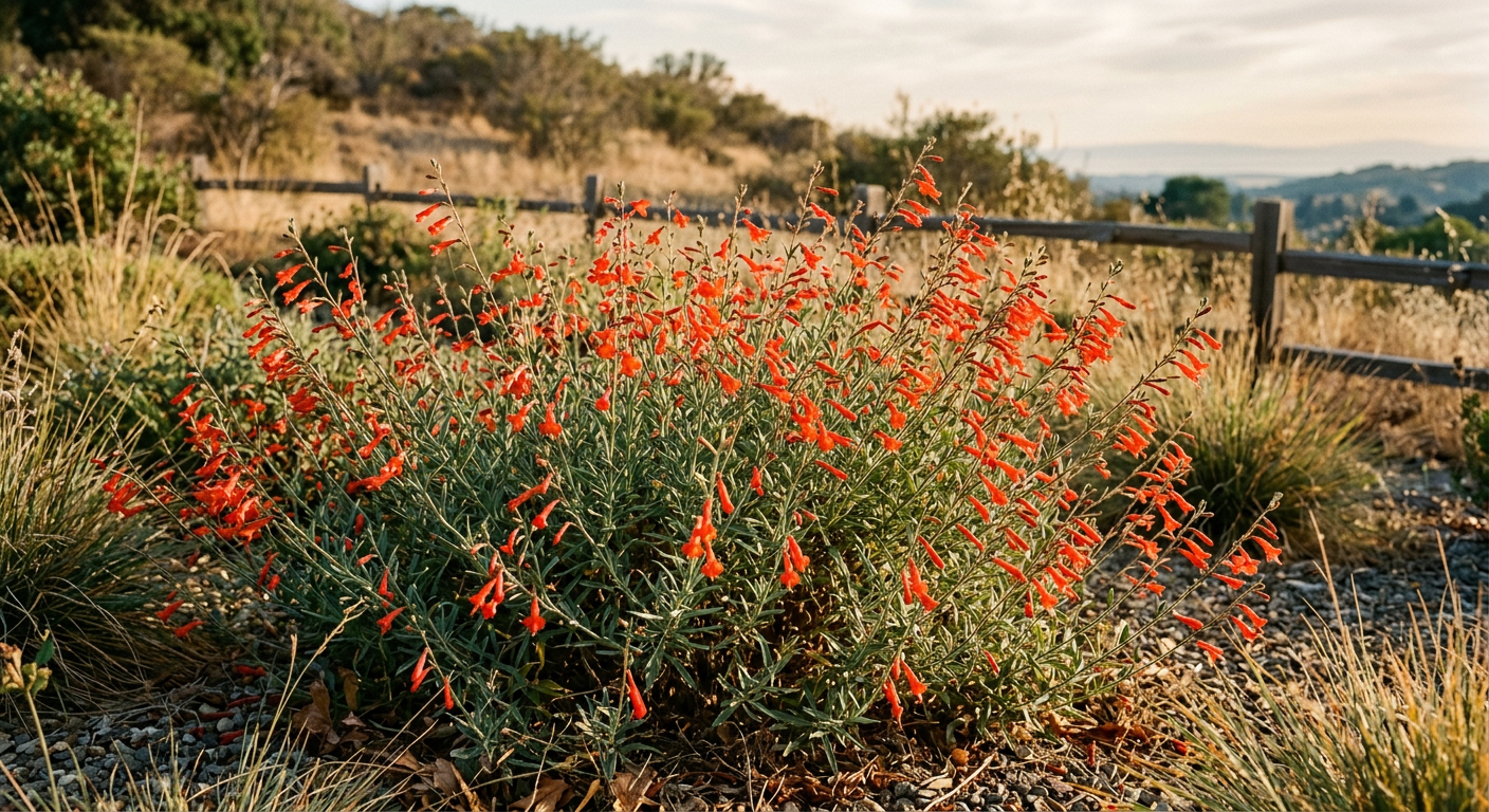 California Fuchsia (Epilobium canum) in full late-summer bloom, scarlet-orange tubular flowers cascading on slender stems against gray-green foliage