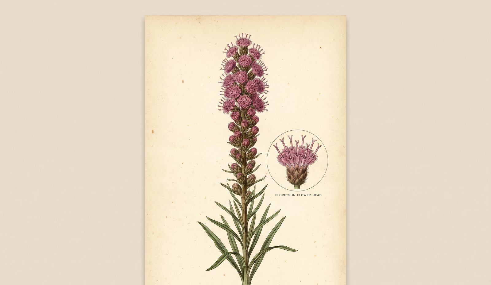 A vintage botanical plate of a blazing star (Liatris spicata) stem, dense with fuzzy purple flowers. A magnified circular inset reveals that one of the fuzzy buttons is itself a small head packed with several slender tubular florets, each a complete flower.