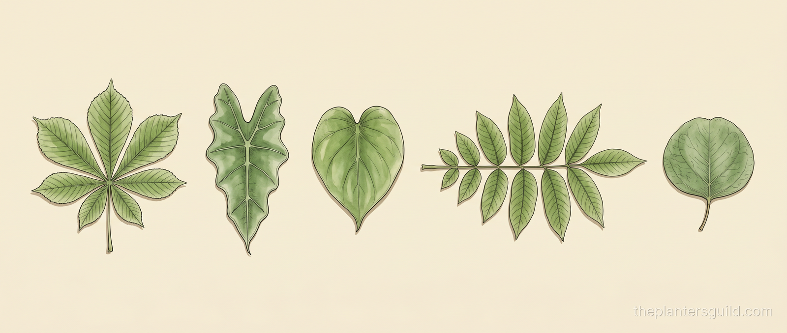 Five botanical leaf specimens — palmately compound, sagittate, cordate, pinnately compound, and orbicular — illustrated in vintage Kew Botanical Magazine register on cream