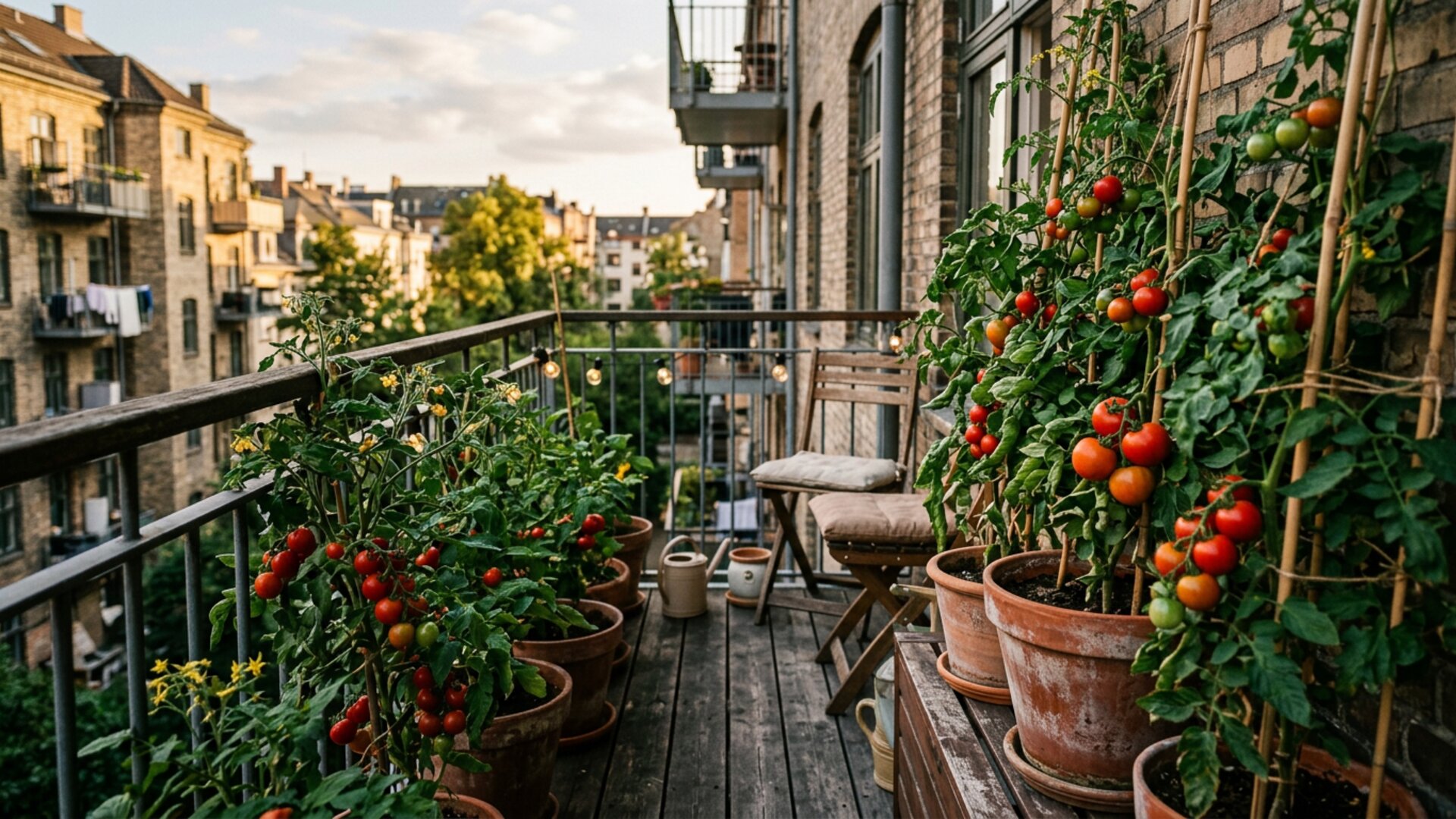 Urban balcony with tomato plants in terracotta containers