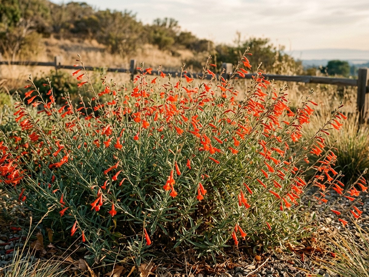 California Fuchsia in late-summer bloom, scarlet-orange tubular flowers on slender stems against gray-green foliage