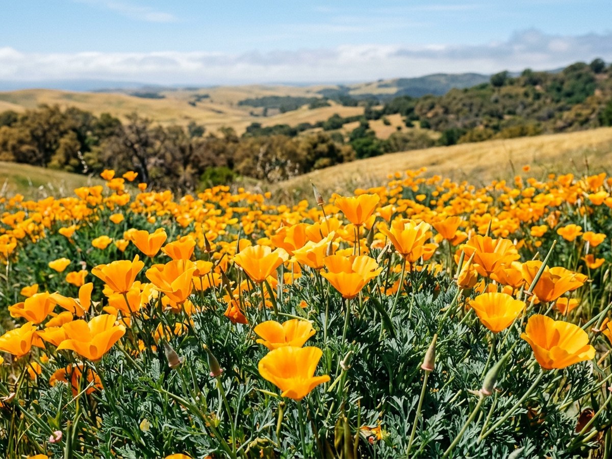 California Poppies (Eschscholzia californica) in summer bloom, papery orange flowers above finely divided blue-green foliage on a golden California hillside