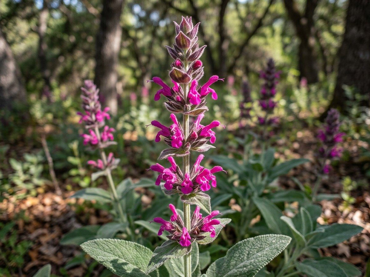 Hummingbird Sage (Salvia spathacea) in bloom, magenta-pink tubular flowers in tiered whorls above fuzzy gray-green leaves in oak woodland understory
