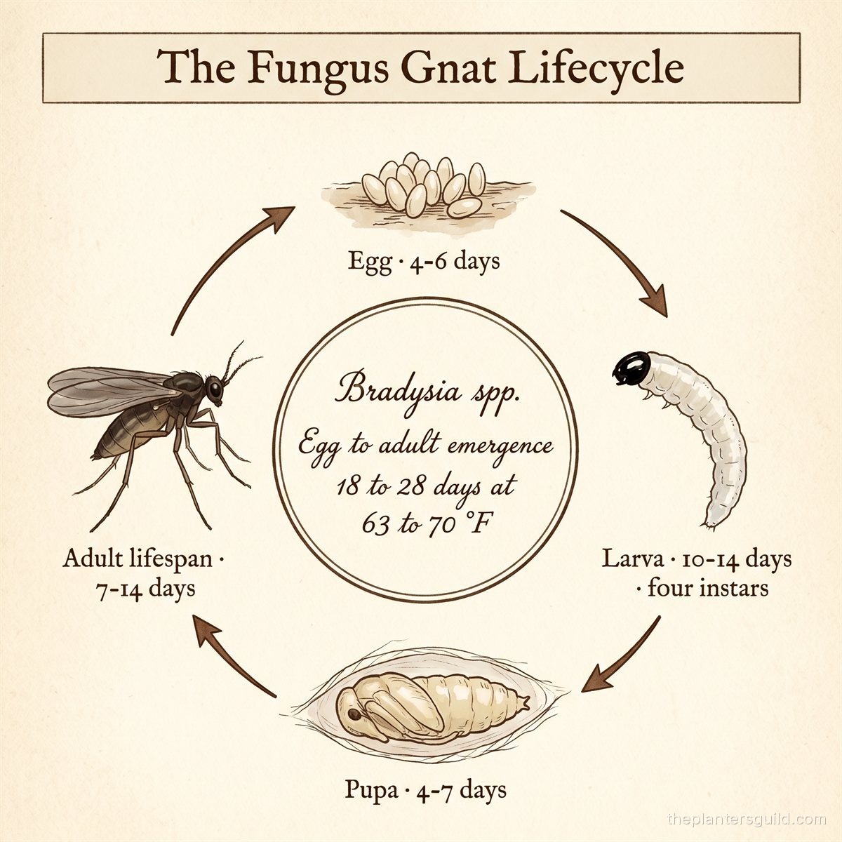 A vintage natural-history plate illustration showing the four-stage lifecycle of Bradysia fungus gnats arranged in a clockwise circle: eggs at top, larva at right, pupa at bottom, adult at left, with walnut-brown ink arrows connecting each stage and timing notes for each transition. A center medallion notes the full cycle is approximately 18 to 28 days at 63 to 70 degrees Fahrenheit.