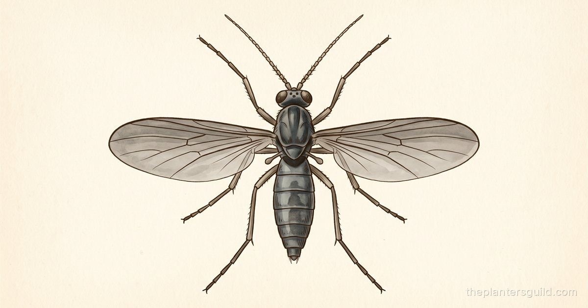 Vintage natural-history plate illustration of a single adult dark-winged fungus gnat (Bradysia) shown from a strict dorsal top-down view, wings spread to both sides with the characteristic Y-shaped wing vein rendered in walnut-brown ink line, slate-grey body with restrained watercolor wash, six legs extended, two antennae forward, centered on warm cream paper-grain ground