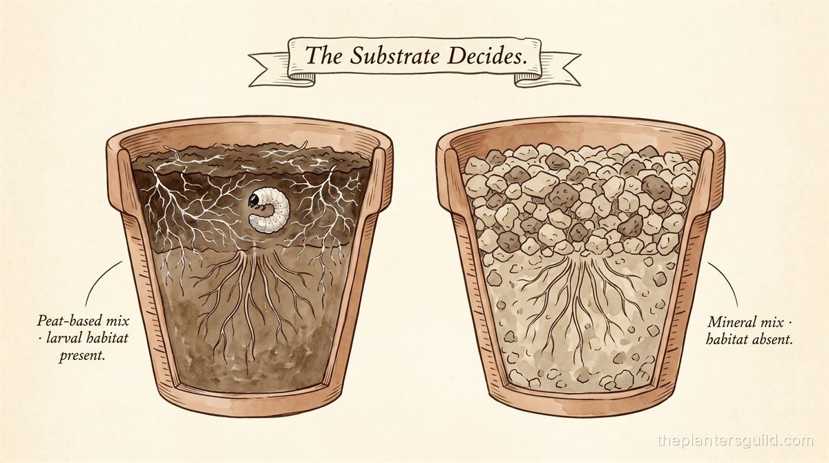A vintage natural-history plate illustration titled The Substrate Decides, showing two terracotta flowerpot cross-sections side by side. The left pot contains a dark brown peat-based potting mix with delicate white fungal mycelium webbing through the upper substrate and a curled translucent larva visible in the top zone, labeled Peat-based mix, larval habitat present. The right pot contains a pale tan-grey chunky mineral mix of pumice, lava rock, and akadama with a dry-looking surface, no mycelium, no larvae, labeled Mineral mix, habitat absent. Both pots show descending root systems below.