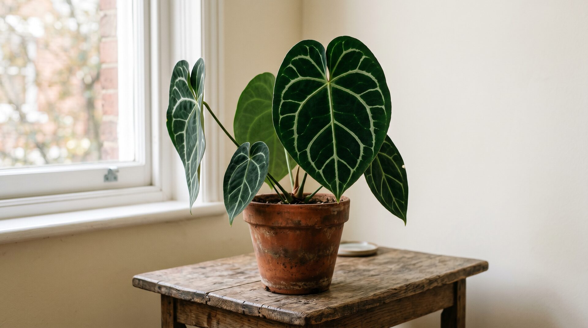 Anthurium clarinervium with deep green velvet leaves and bright white veins