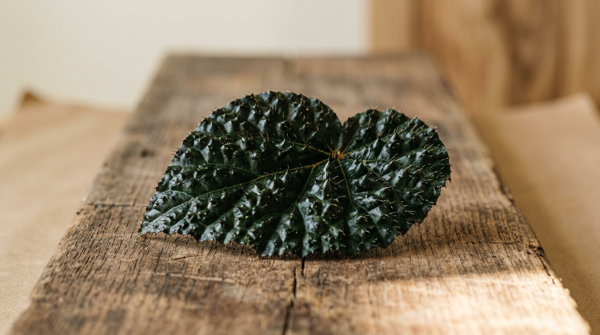 Begonia ferox armored leaf with rounded conical bullae each tipped with a dark trichome, raking side light defining every projection