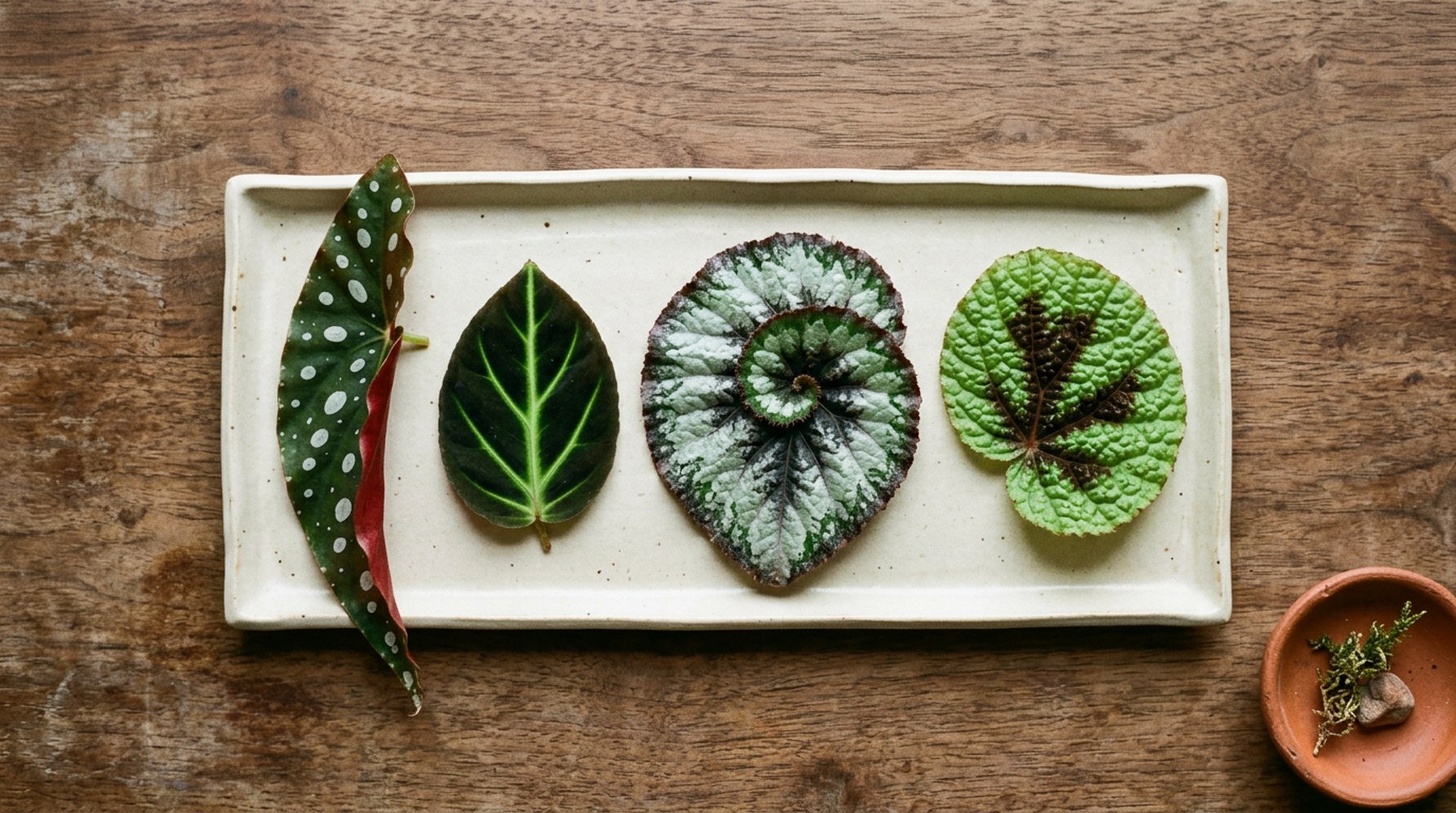 Begonia anatomy hero — single hero leaf in raking light