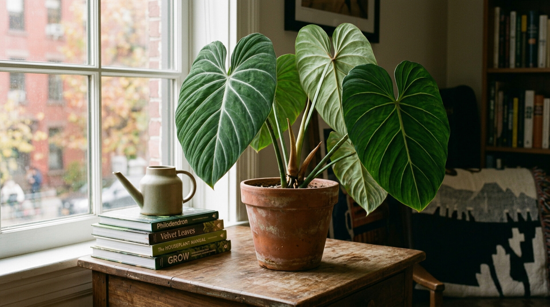 Mature Philodendron McDowell in a terracotta pot on a side table by a sunlit window, with horticulture books and a brass watering can nearby