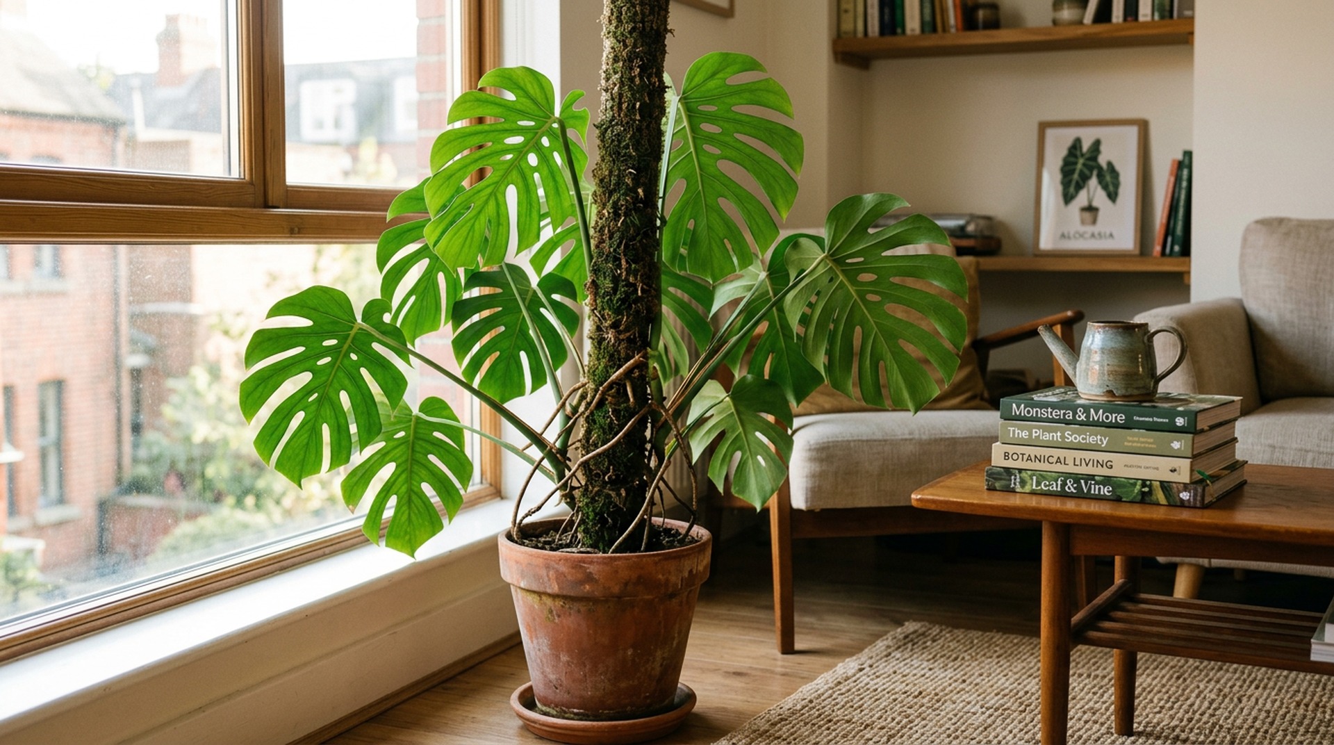 Adult Monstera deliciosa on a moss pole in a terracotta pot by a sunlit window