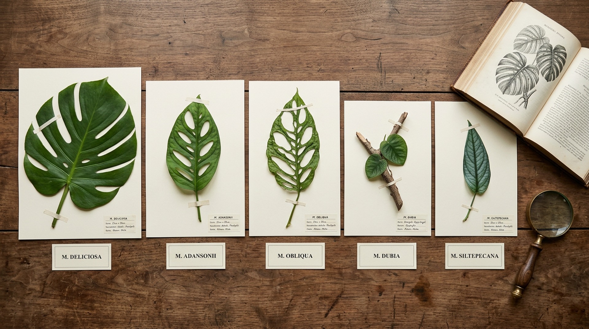Five Monstera species mounted herbarium-style on cream cards