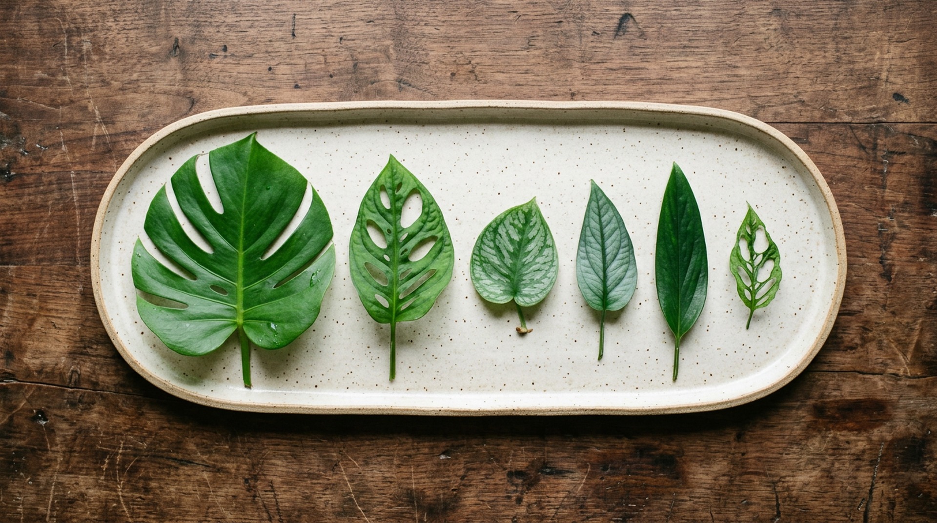 Six Monstera leaves arranged on a cream ceramic specimen tray on weathered walnut — deliciosa, adansonii, dubia, siltepecana, standleyana, and obliqua