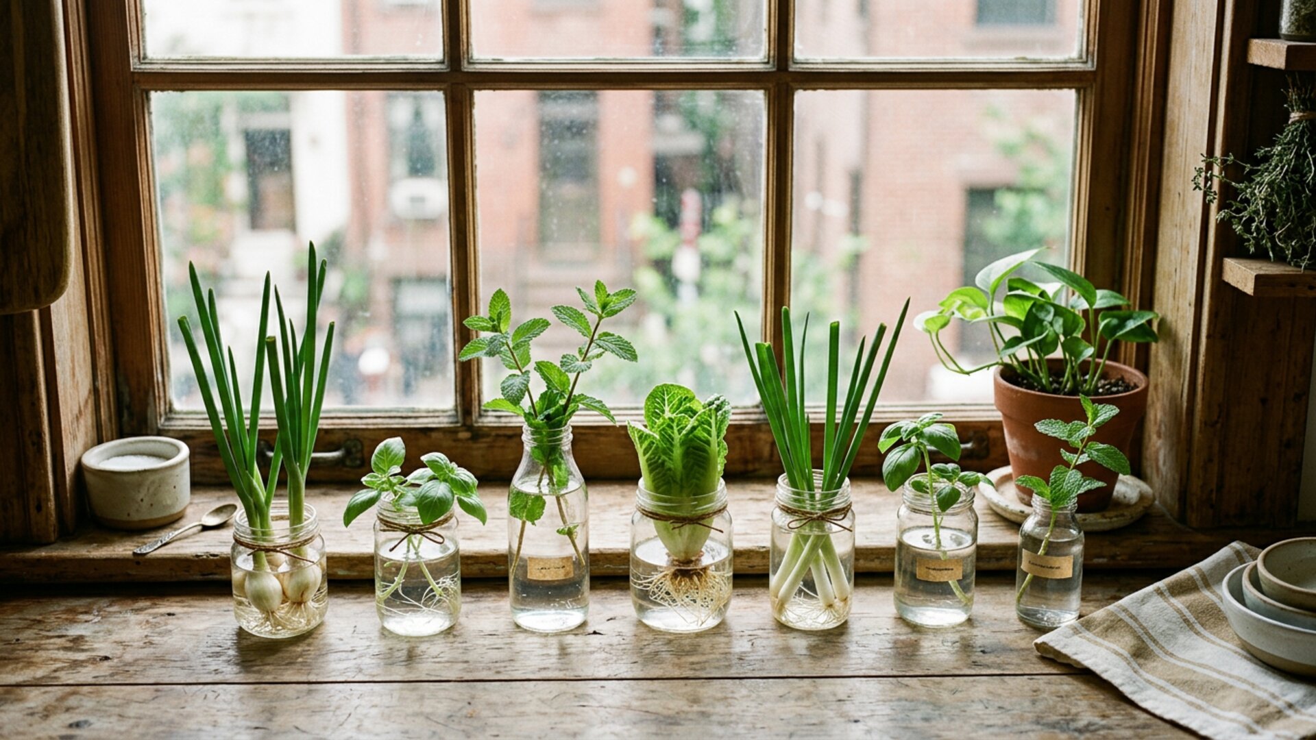 Glass jars on windowsill with herbs sprouting roots in water