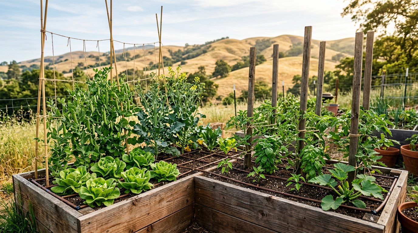 A productive cedar raised vegetable bed in a Santa Clara County backyard, mid-season — butterhead lettuce and snap peas finishing on the left, basil and young warm-season starts on the right, golden California oak hills in soft focus behind