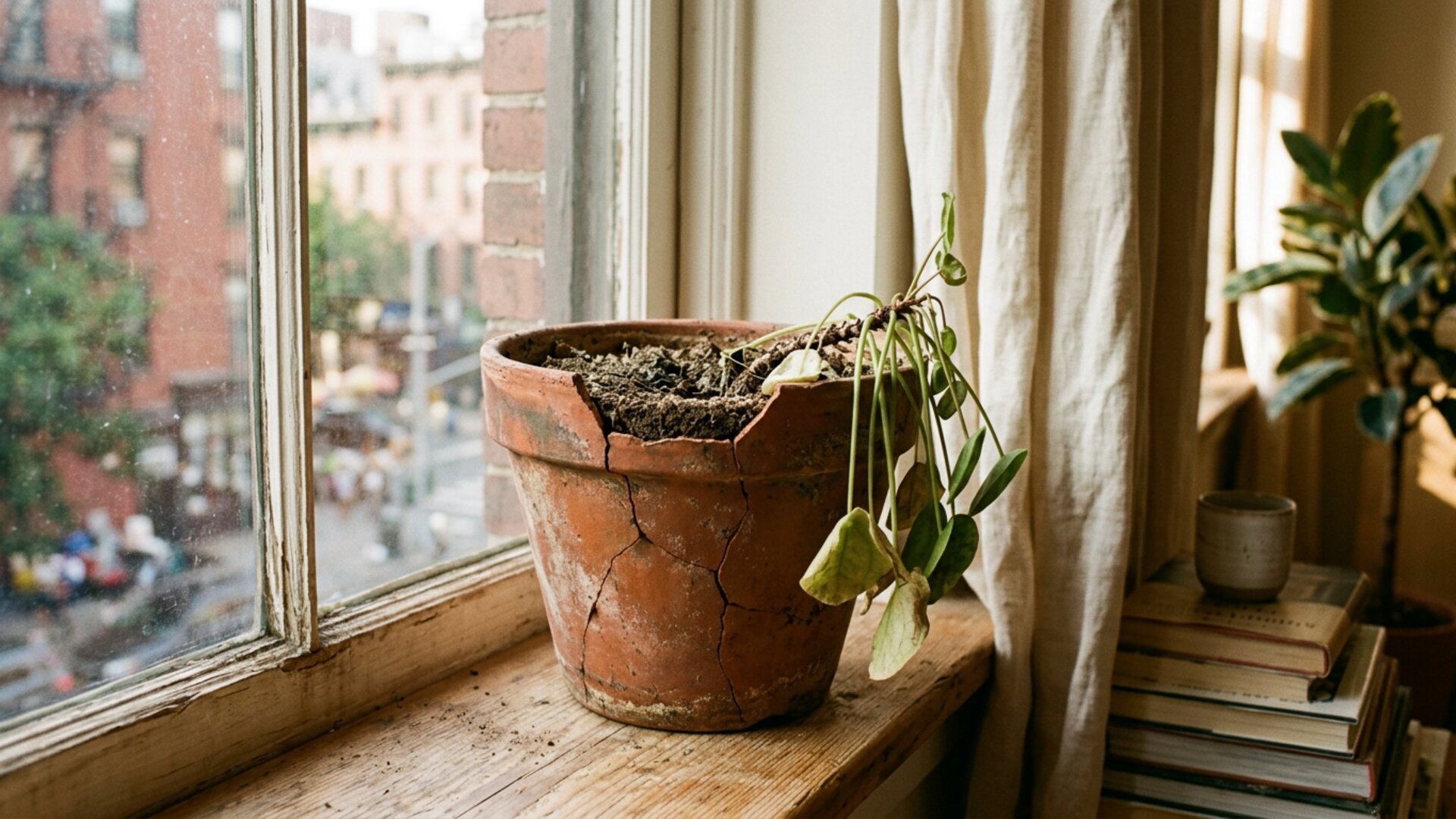 Cracked terracotta pot with wilting plant on windowsill