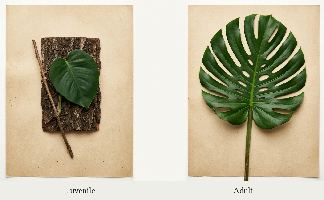 Two-panel specimen plate comparing a juvenile Monstera deliciosa leaf (small, heart-shaped, entire, pressed against bark) with a mature adult leaf (large, deeply fenestrated, on a long petiole standing free) — same species at two life stages