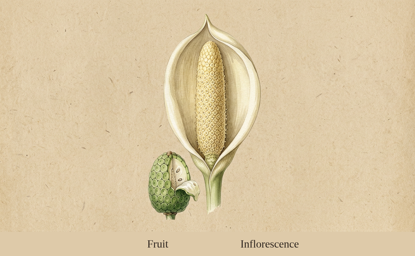 Botanical plate of a Monstera deliciosa inflorescence showing the creamy upright spadix surrounded by the hooded spathe, with a cutaway of the maturing fruit at lower left revealing the green hexagonal scales and pale flesh inside
